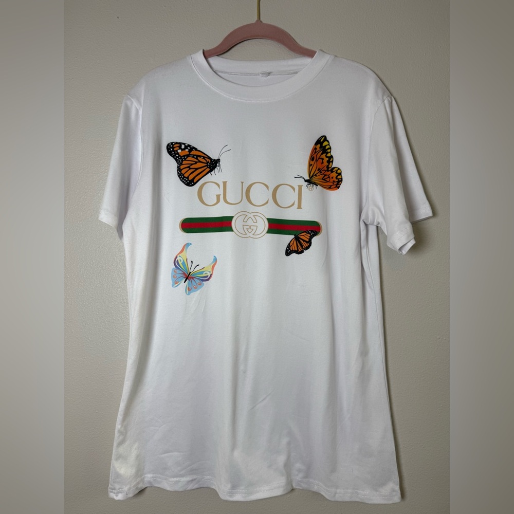 Gucci White Butterfly Logo Short Sleeve Tee
